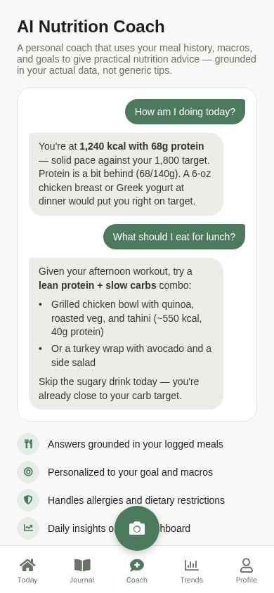 AI Nutrition Coach chat preview — a Pro user asking 'How am I doing today?' and receiving personalized macro guidance